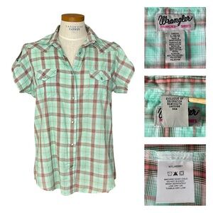 Wrangler Wrancher Plaid Cap Sleeves Cotton Blend SzL Pearl Snap Close Shirt
